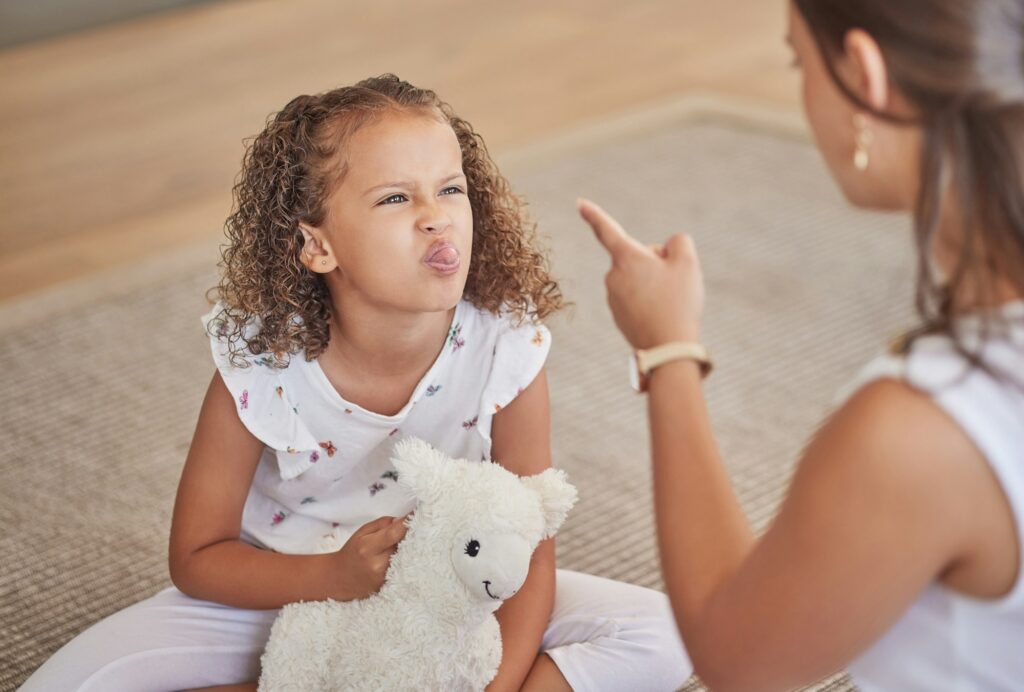 Angry adhd and child being rude to her mother