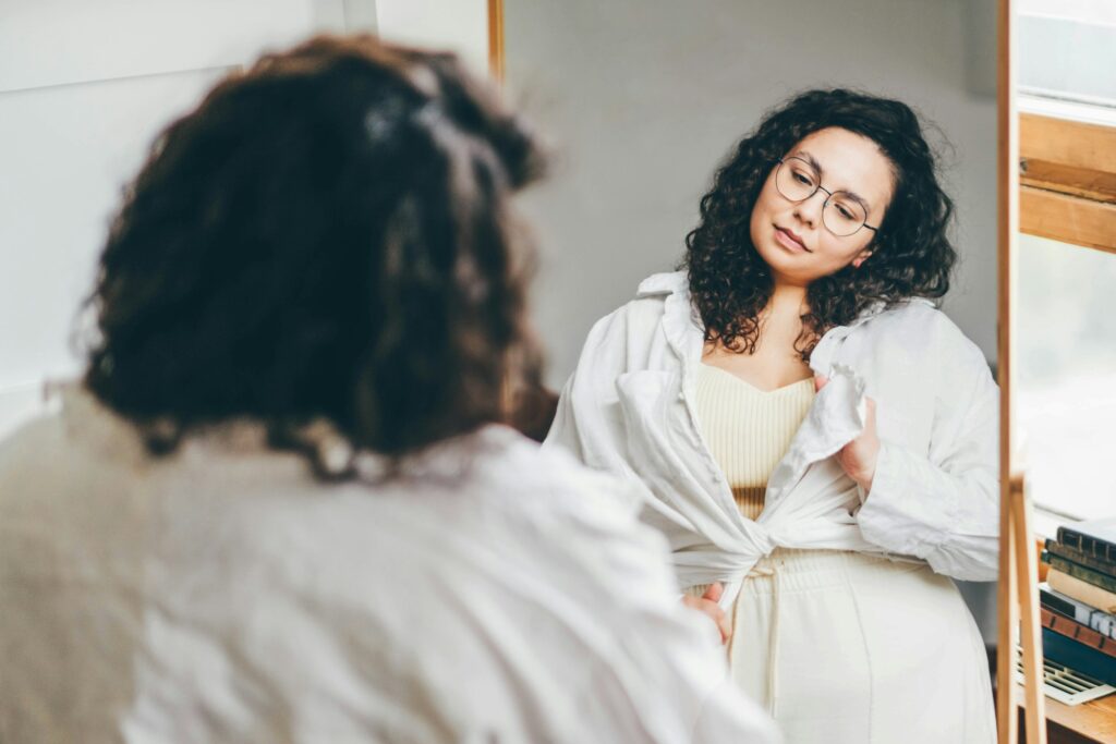 Curly haired overweight young woman