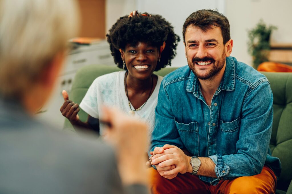 Diverse couple on a therapy session in a psychologist office